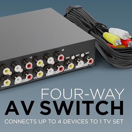 THE CIMPLE CO Video Switcher, 4-Way A/V Switch, RCA, Retro Game Consoles, 4 Input/1 Output Selector, Composite Audio and Video, Box, Includes Cable, Black