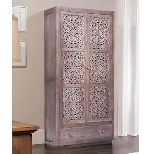 MUSKAN ARTS Solid Wooden Almirah Wardrobe for Storage | with Drawers and 2 Door | Antique Storage Almirah, Grey Finish, (40D x 96W x 190H Centimeters)