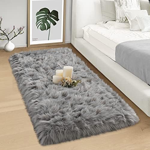 Ciicool Grey Fur Rug Fluffy Rug, Small Faux Fur Rug for Bedroom, Washable Faux Sheepskin Rug for Sofa Couch Seat Cushion, Thick Shaggy Furry Rugs Floor Carpets for Bedside Living Room, 2x4 ft