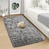 Ciicool Grey Fur Rug Fluffy Rug, Small Faux Fur Rug for Bedroom, Washable Faux Sheepskin Rug for Sof