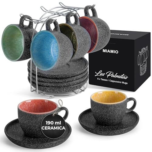 MIAMIO - Tazza per cappuccino impilabile in ceramica da 190 ml con piattini e supporto in metallo - Set di 6 tazze per cappuccino in gres per bevande speciali a base di caffè - Collezione Las Palmitas