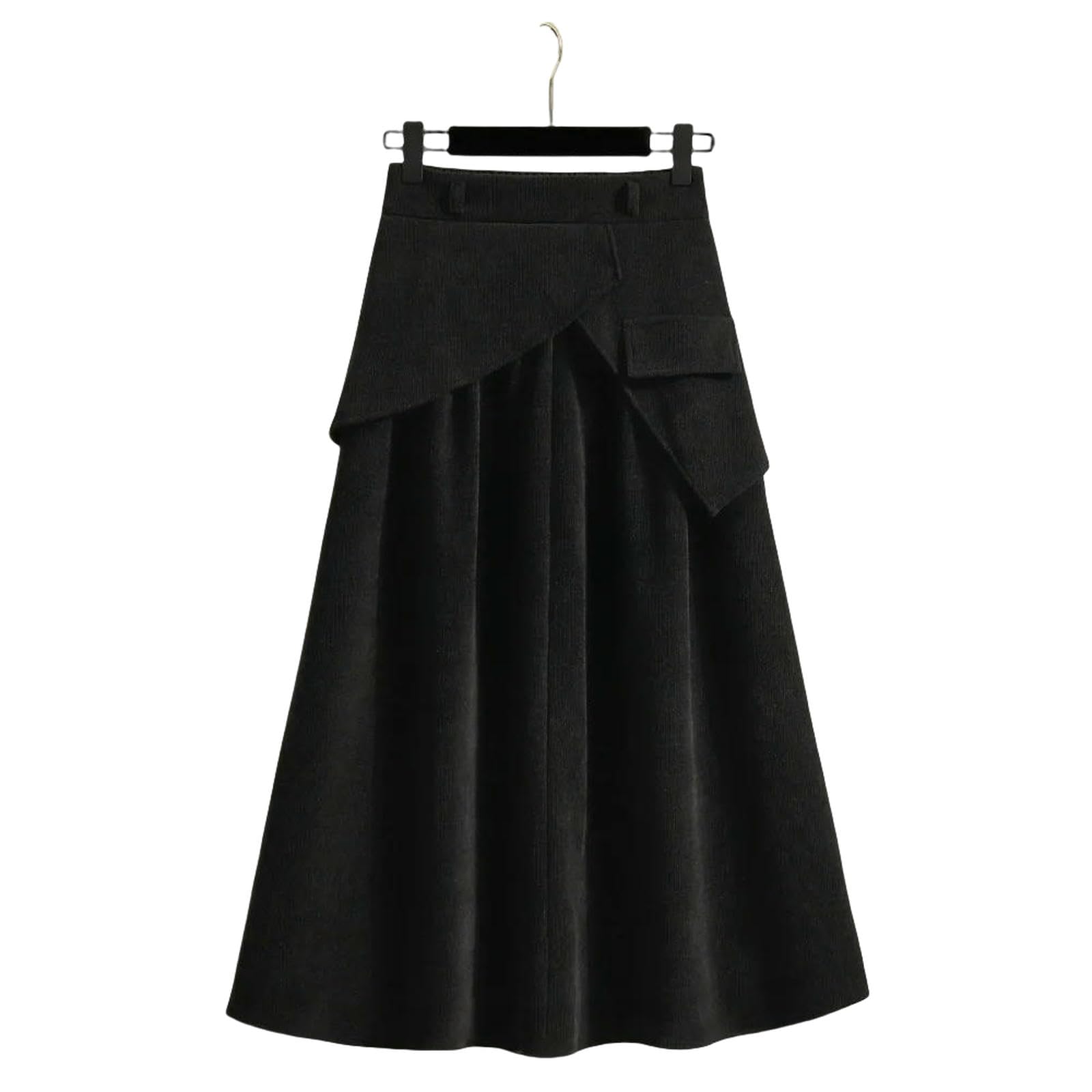 Gonna Lunga Gonne A Trapezio in Maglia Arricciata Vita Alta Casual Chic Abbigliamento Moda Taglie Forti-nero-1xl