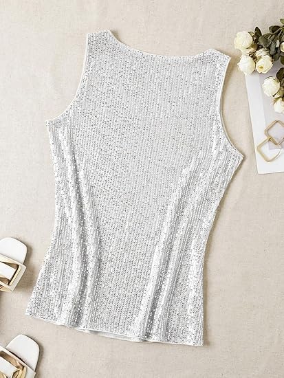 Women's Sequin Tank Tops V Neck Sparkly Tops Sleeveless Glitter Vest Party Outfits - Image 3
