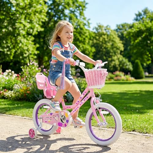 Image of XJD Girls Bike for Toddlers 3-9 Years Old Kids, 12 14 16 Inch Kids Bike with Training Wheels, Streamers, Basket and Doll Seat