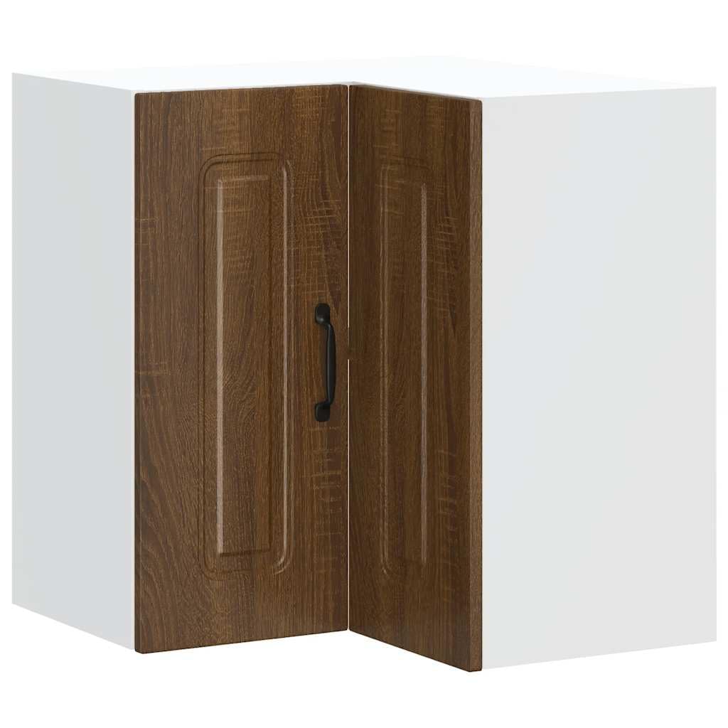 Eck-Wandschrank, Küche, Holz, Eiche, Braun | Glatte Oberfläche, feuchtigkeitsbeständig, verdeckte Tür, Wandhalterung, pflegeleicht, feuchtes Tuch