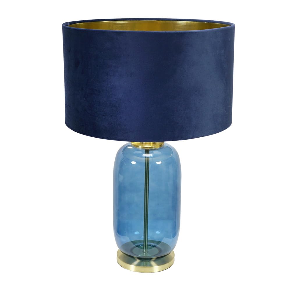 ValueLights Leigh Navy Blue & Gold Glass Table Lamp with Navy Velvet & Gold Inner Shade in Dark Navy