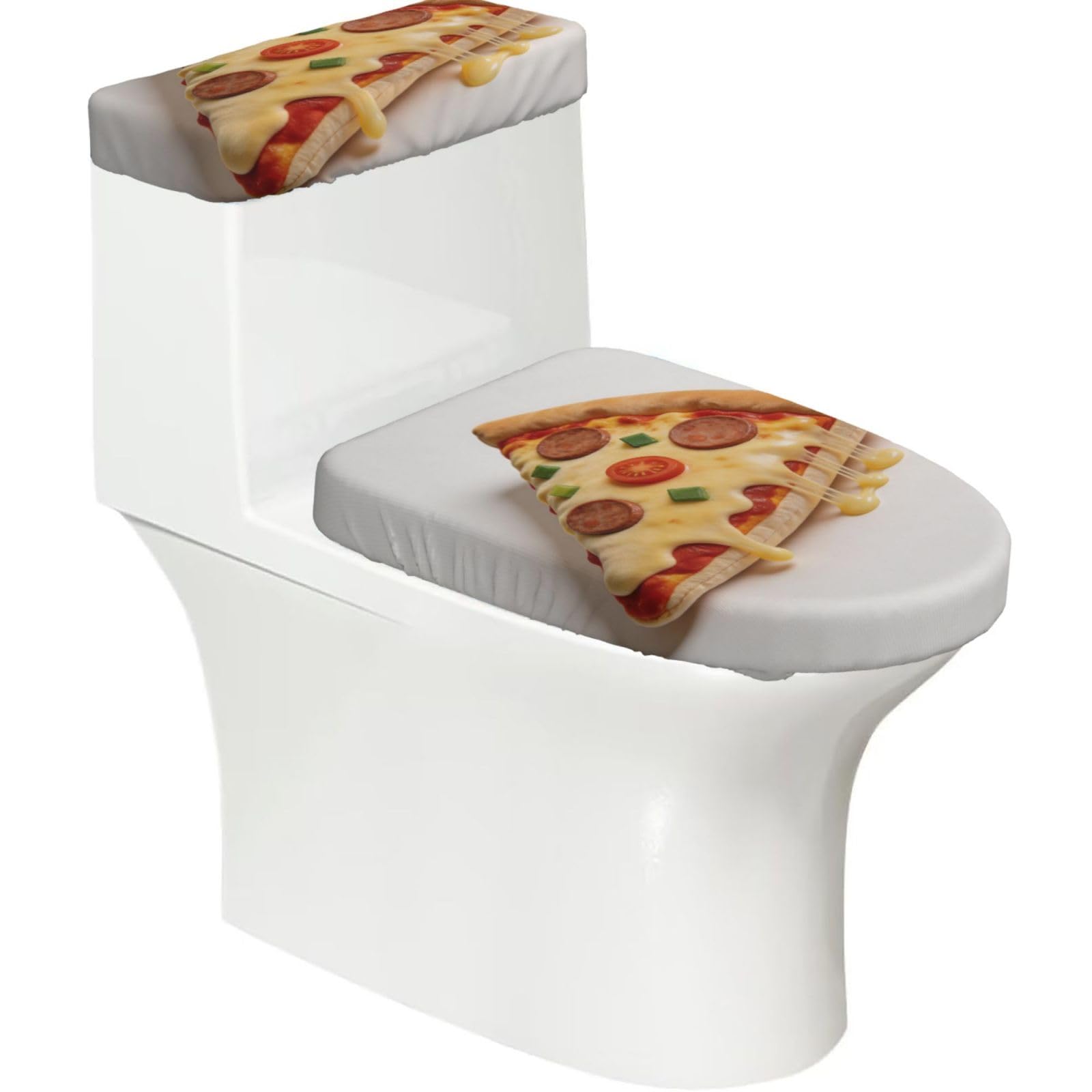 Pizza Slice Pillow Elastic Toilet Cover Set of 2-Stretchy Lid and Tank Covers for Bathroom, Soft Washable U Shape Toilet Decor