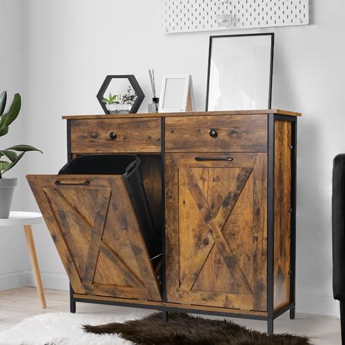 Arlopu Dual Tilt Out Trash Cabinet, 10X2 Gallon Pet Proof Kitchen Pull Out Hidden Garbage Can Cabinet, Freestand Wooden Laundry Sorter Cabinet, W/Drawer, Barn Door, for Home(Vintage Wood)