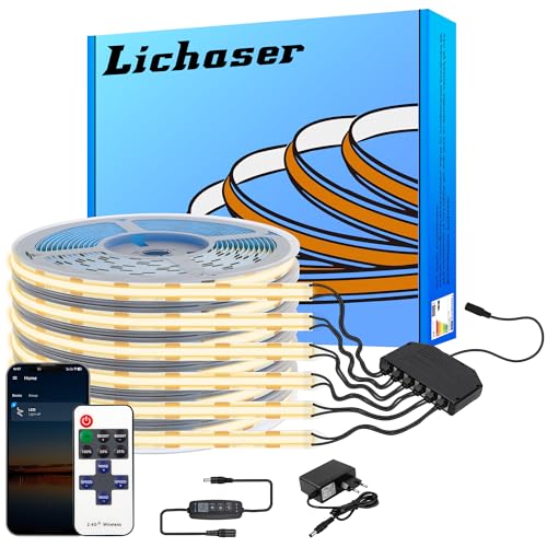 Lichaser 3M Ruban LED COB, 6 Rouleaux de Ruban LED Blanc Chaud 3000K en Parallèle, COB Bande LED Découpable 12V avec Interrupteur Touch Sensor, LED COB pour Cuisine, Chambre, Miroir, Salon
