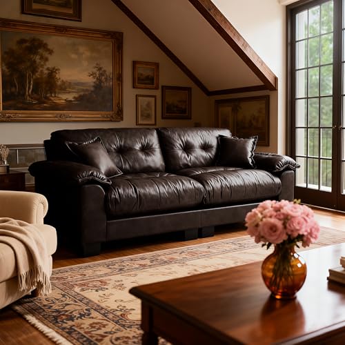 Image of Faux Leather Sofa, Mid Century Modern Leather Upholstered Deep Loveseats, Comfy Cloud Couch, Tufted Pillow Top Arm Furniture for Living Room, Apartment, Chocolate