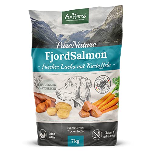 AniForte Lachs Trockenfutter für Hunde 7kg – Frischer Lachs mit Kartoffeln & Vitaminen, Halbfeuchtes Trockenfutter, Hundefutter trocken getreidefrei & glutenfrei für Allergiker