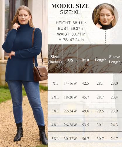 Image of CARCOS Plus Size Sweaters for Women Solid Turtleneck Sweater Long Sleeve Pullover Tops Casual Split Hem Knit Shirts