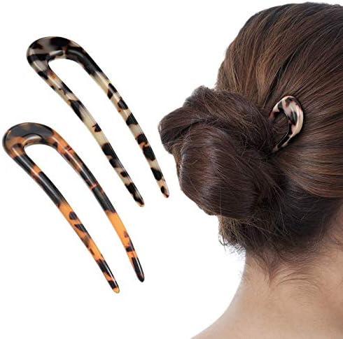 2 Pack Benefree French Style Cellulose Acetate Tortoise Shell U Shaped Hair Pins Fork 2 Prong Updo Chignon Pin for Women Girls Hairstyle Accessories（Tortoiseshell and White Tortoiseshell)