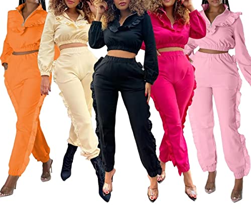 Sweat Suits For Womens 2 Piece Outfits - Workout Sets For Women Long Sleeve Casual Pullover Zipper Crop Tops Ruffle Bodycon Long Pants Set Sports Tracksuit Jogging Suits With Pockets Orange, Xl #TOP3