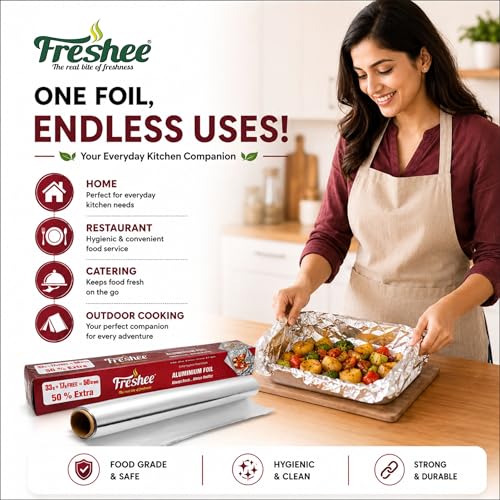 Image of Freshee 50gm Aluminium Silver Kitchen Foil Roll Paper Pack of 5|11 Micron Thick|Food wrap|Disposable Food Parcel|Fresh Food