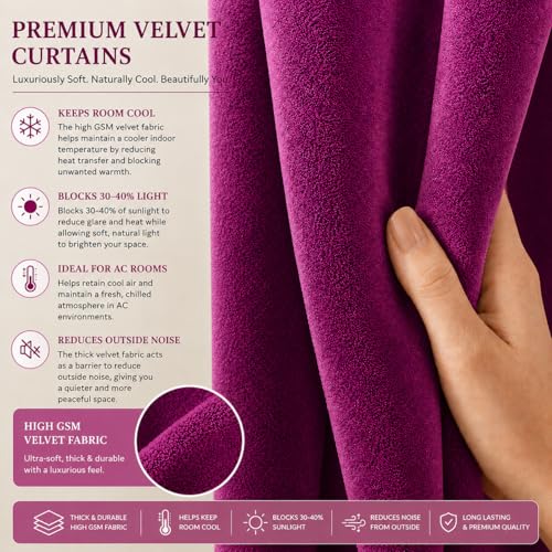 Image of GD Home Fabric Velvet Curtains | Heavy Soft Premium Velvet Drapes for Bedroom and Living Room | Semi Light Blocking, Thermal Insulated and Noise Reducing Window Panels | 5 Feet, Set of 2 (Magenta)
