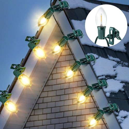 Meonum 50 Ft C9 Christmas String Lights Outdoor,50 LED Bulbs with Quick Clips for Holiday Roofline,Xmas Waterproof Hanging Patio Decor, Extendable Warm White Vintage Gutter Lights for Yard