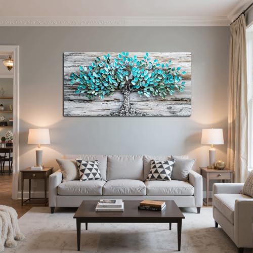 SERIMINO Obraz ścienny w stylu turkusowym, drzewo, tekstura drewna 73 x 146 cm, nowoczesna abstrakcyjna sztuka, obraz ścienny, szlachetny rustykalny motyw artystyczny, obraz dekoracyjny do salonu