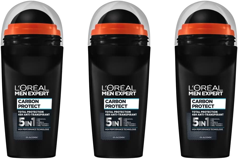 L’Oréal Paris men expertDeodorant for , 5-in-1 Roll-On Deodorant Against Odours, Moisture, Bacteria and White Residues for up to 48 Hours Freshness, Carbon Protect - 3 x 50 ml