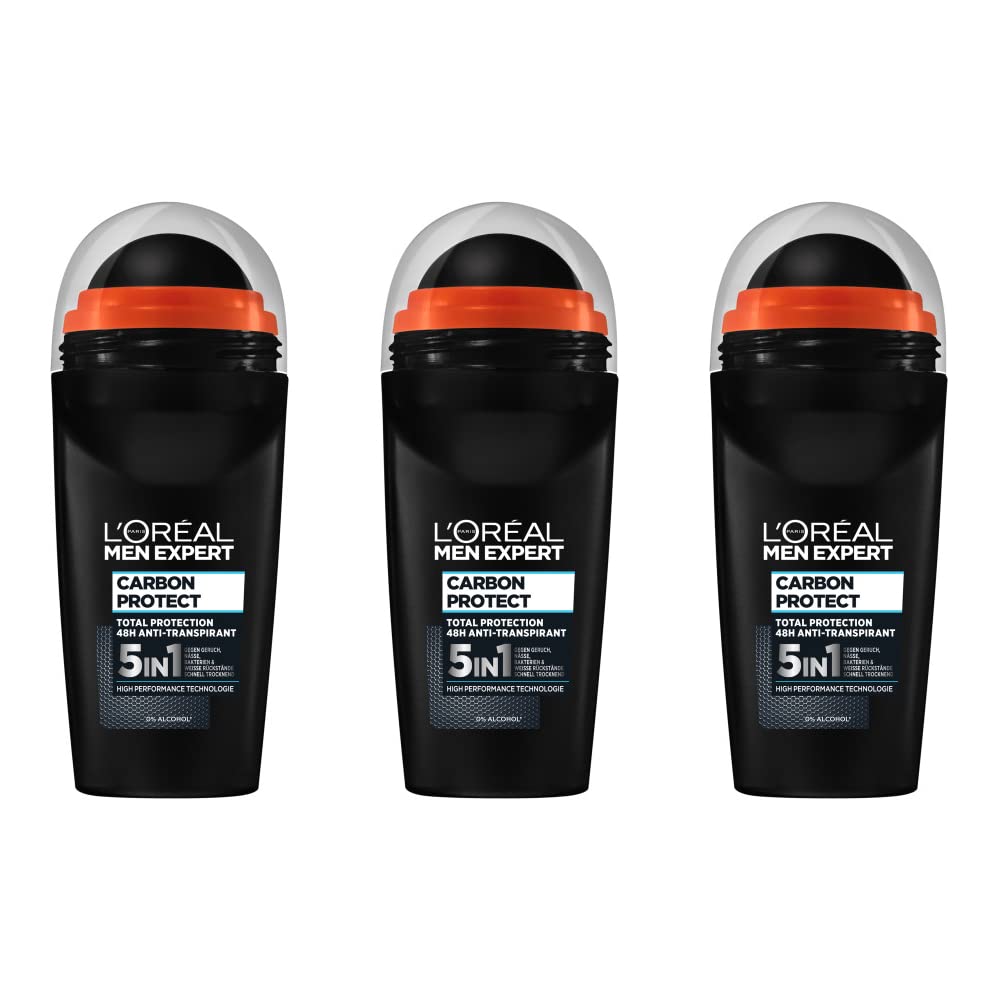 L’Oréal Paris men expertDeodorant for , 5-in-1 Roll-On Deodorant Against Odours, Moisture, Bacteria and White Residues for up to 48 Hours Freshness, Carbon Protect - 3 x 50 ml