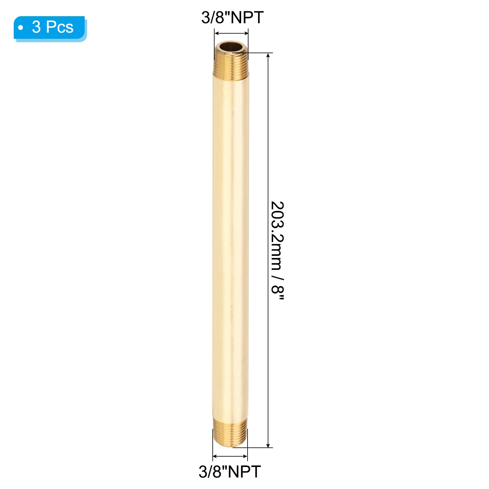 PATIKIL 3Pezzi 8" Lungo 3/8" x 3/8" NPT Maschio Raccordi Tubo In Ottone Lungo Nipple, Tono Ottone