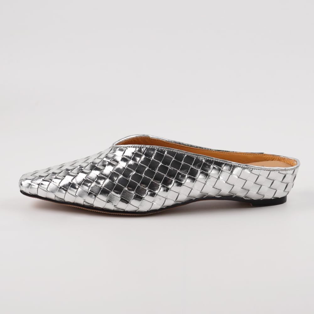Woven Mules for Women Metallic Leather Slides Ladies Trendy Comfortable Square Toe Hidden Wedge Heels