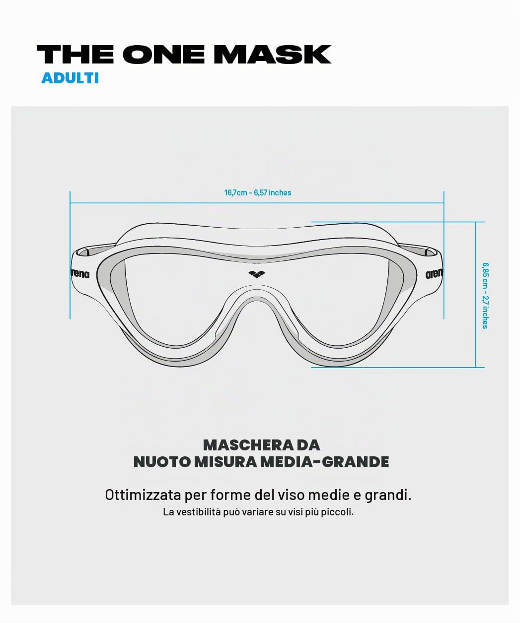 ARENA The One Mask Mirror Occhialini Nuoto Anti-Appannamento Unisex Adulto, Maschera Piscina con Grandi Lenti, Protezione UV, Ponte Nasale Autoregolante, Guarnizioni Orbit-Proof