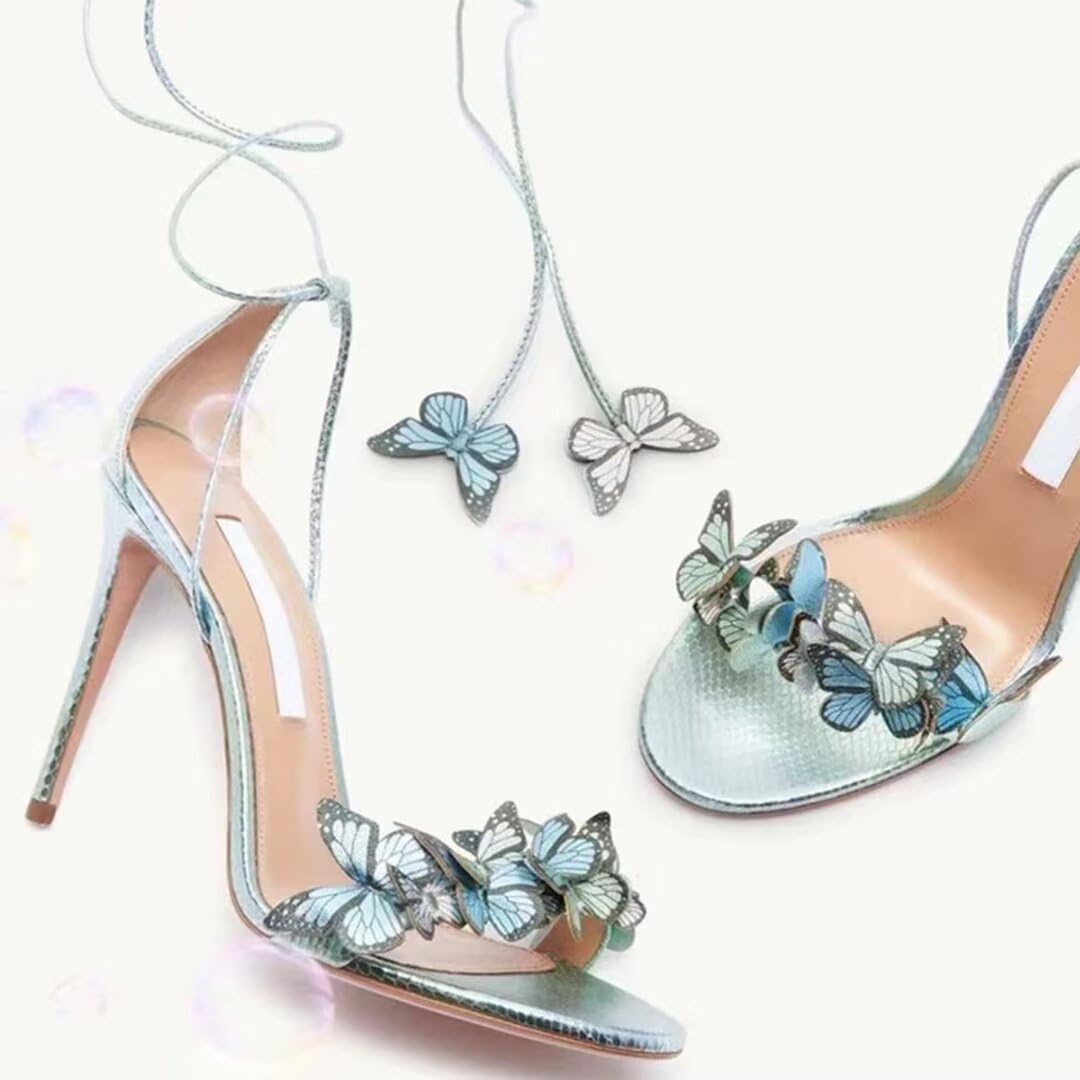 Sandali da donna con tacco a spillo con avvolgente alla caviglia a forma di farfalla, punta aperta, scamosciati, con lacci, eleganti, con tacco alto, per matrimonio e feste, Blu, 40 EU