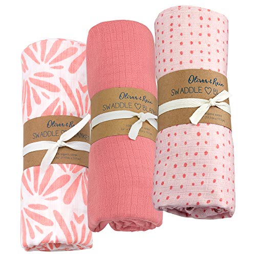 Image of Oliver & Rain Organic Muslin Baby Girl Swaddle Blankets 3 Pack Receiving Blanket Pink Floral