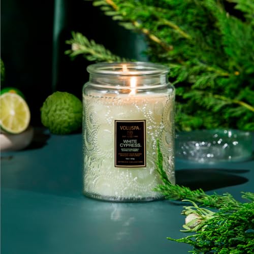 Image of Voluspa White Cypress,Large Candle Jar,18 Ounce,100 Hour Burn Time, & Coconut Wax for Clean Burning,Handcrafted in the USA