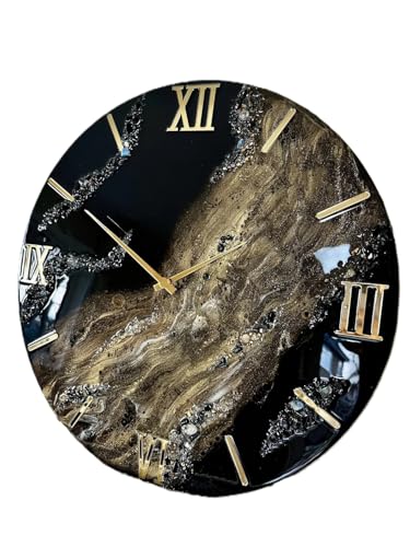 Image of Handmade Resin Wall Clock with Roman Numerals - Luxury Marble Effect Designer Wall Clock with Gold Finish, Silent Quartz Movement, Modern Home & Office Decor (Black & Golden)