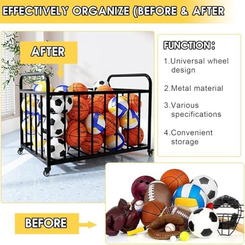 Heavy Duty Black Metal Basketball Storage Cart with Lid and Wheels, Portable Ball Stand for Outdoor, Garage & Sports Equipment Organization