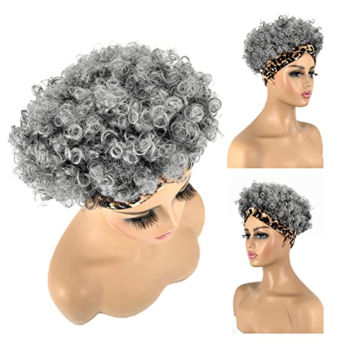 Allyreetress Short Curly Wigs With Headbands Attached For Black Women Synthitic Kinky Curly Afro Puff No Drawstring Ponytail Wig Headwrap Hairstyles With 2 Clips(T1B/Grey) #TOP2