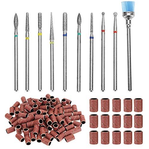 YOPAY 110 PCS Nail Drill Bits Set, Diamond Cuticle Efile Nail Bit Fine Grit with 180 Grit Sanding Bands for Acrylic Gel Nails Prep Nail Art Tools for Manicure Pedicure Home Salon Use