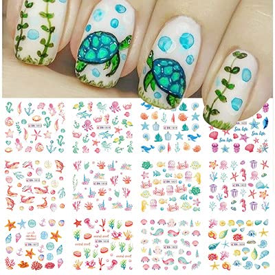 12 Sheet ​Nail Art Stickers Marine Life Fish Water Transfer Nail Decals Stickers Ocean Dolphin Starfish,Etc,Nail Art Stickers Supplies Popular Nail Stickers For Women Fashion Design Accessories For Girl #TOP6