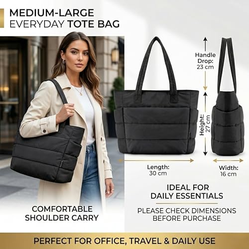 Image of Quilted Puffy Tote Bag for Women | Large Capacity | Soft Nylon Padded Design | Lightweight & Spacious | Ideal for Work, Travel, Shopping (Biege)