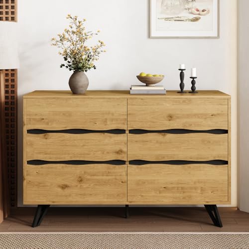 Wyibwy Aparador moderno con 6 cajones – Aparador de aspecto de madera con patas de metal, amplio espacio de almacenamiento, diseño minimalista para salón y comedor, 120 x 40 x 75,5 cm