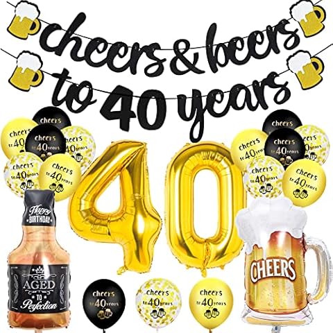 40th Birthday Decoration, 40th Birthday Balloons with Cheer Banner, 40Inch Number 40 Foil Balloons, 40th Sign Black Gold Balloons Champagne Cups Foil Balloons, Happy Birthday Decor for Men Him Cover