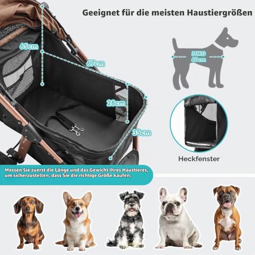 DAISTERN Hundebuggy bis 30KG, Klappbarer Aluminium-Hundewagen, Gepolsterte Liegefläche, Schwenkbares Vorderrad, Große Hinterrad, Hinterradbremsen, Verstellbarer Griff, Sicherheitsleine