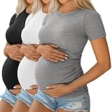 Ficerd 3 Pack Women's Maternity Shirts Cotton Short Sleeve Pregnancy Tops Side Ruched Ribbed Casual Mama tees Clothes(Light Gray, White, Black,Medium)