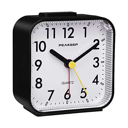 Peakeep Small Battery Operated Analog Travel Alarm Clock Silent No Ticking, Lighted On Demand And Snooze, Beep Sounds, Gentle Wake, Ascending Alarm, Easy Set (Black) #TOP1