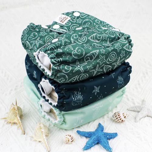 Mama Koala 3.0 Cloth Diapers for Babies with AWJ Lining, 6 Pack with 6 5-Layer Natural Cloth Diaper Inserts - Reusable and Washable Pocket Diapers(A-Seashore)
