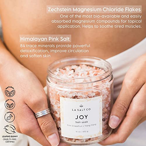 La Salt Co Aromatherapy Bath Salt Soak, Joy | Mineral-Rich Himalayan Pink Salt & Magnesium Chloride, Pink Grapefruit, Ylang-Ylang Essential Oil | Energize, Rejuvenate, Mood-Balancing | 16 Oz #TOP3