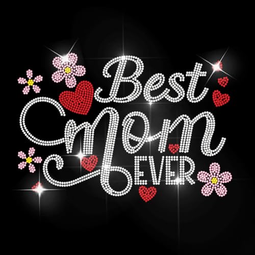 MAYJOYDIY Best Mom Ever Text Rhinestone Iron on Transfer Flower Heat Transfer Sticker Love Heart Rhinestone Hot-fix Decals Bling Clothing Decoration for Shirt Bag Jeans Jacket Pillow DIY Crafts
