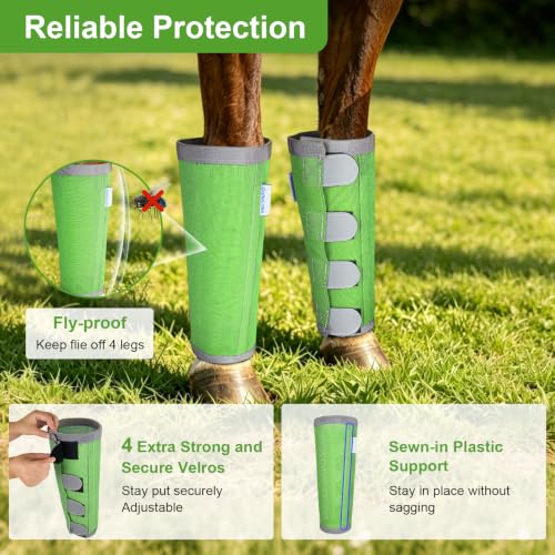 Image of Reflective Horse Fly Boots Set of 4, Breathable Adjustable Equine Fly Leg Wraps for Horses, Universal Fit Loose Fitting Leggings with Stay Put Design (Green)