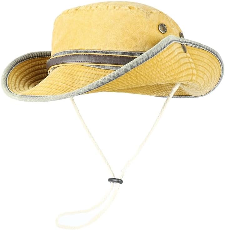 Women's Vintage Washed Cotton Boonie Hat Wide Brim Outdoor Cap with Adjustable Chin Strap for Hiking Travel