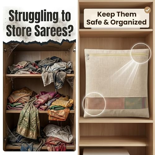 Image of Cotton Saree Cover Bags Set of 6 - Breathable Clothes Storage Organizer for Saree, Garments | Foldable Zip Wardrobe Bags with Transparent Mesh Window | Dustproof Closet & Travel Use