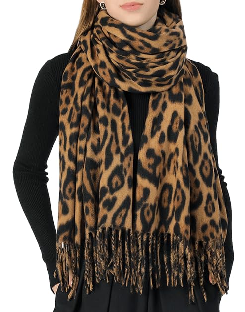 INOGIH Winter Large Long Leopard-Print-Fringe Blanket-Scarf for Women - Cold Weather Soft Warm Wrap Shawl Scarves 71”*28