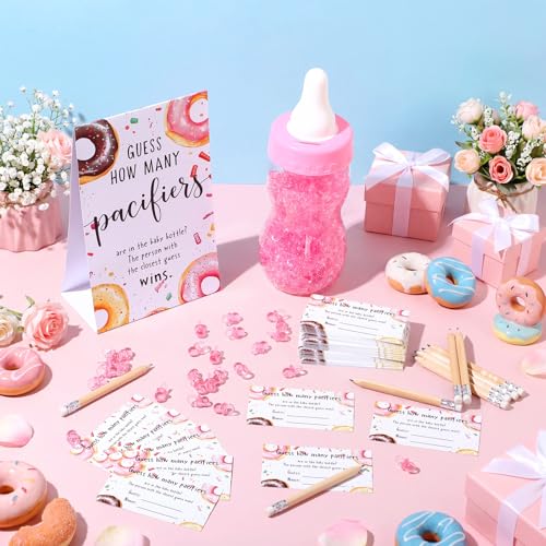 Image of Roowest 512 Pcs Baby Shower Games Guess How Many Pacifiers Sign 100 Small Guessing Games 10 HB Pencils 750ml Milk Bottle 400 Acrylic Pacifiers Decoration for Guest Gender Reveal(Pink,Donut)