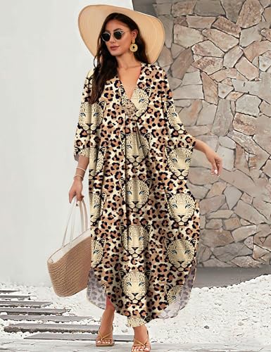 Image of MAKABO Kaftan Dresses for Women, V Neck Moo Moos Colorful Print Cover Ups Caftan Beach Dresses for Swimwear